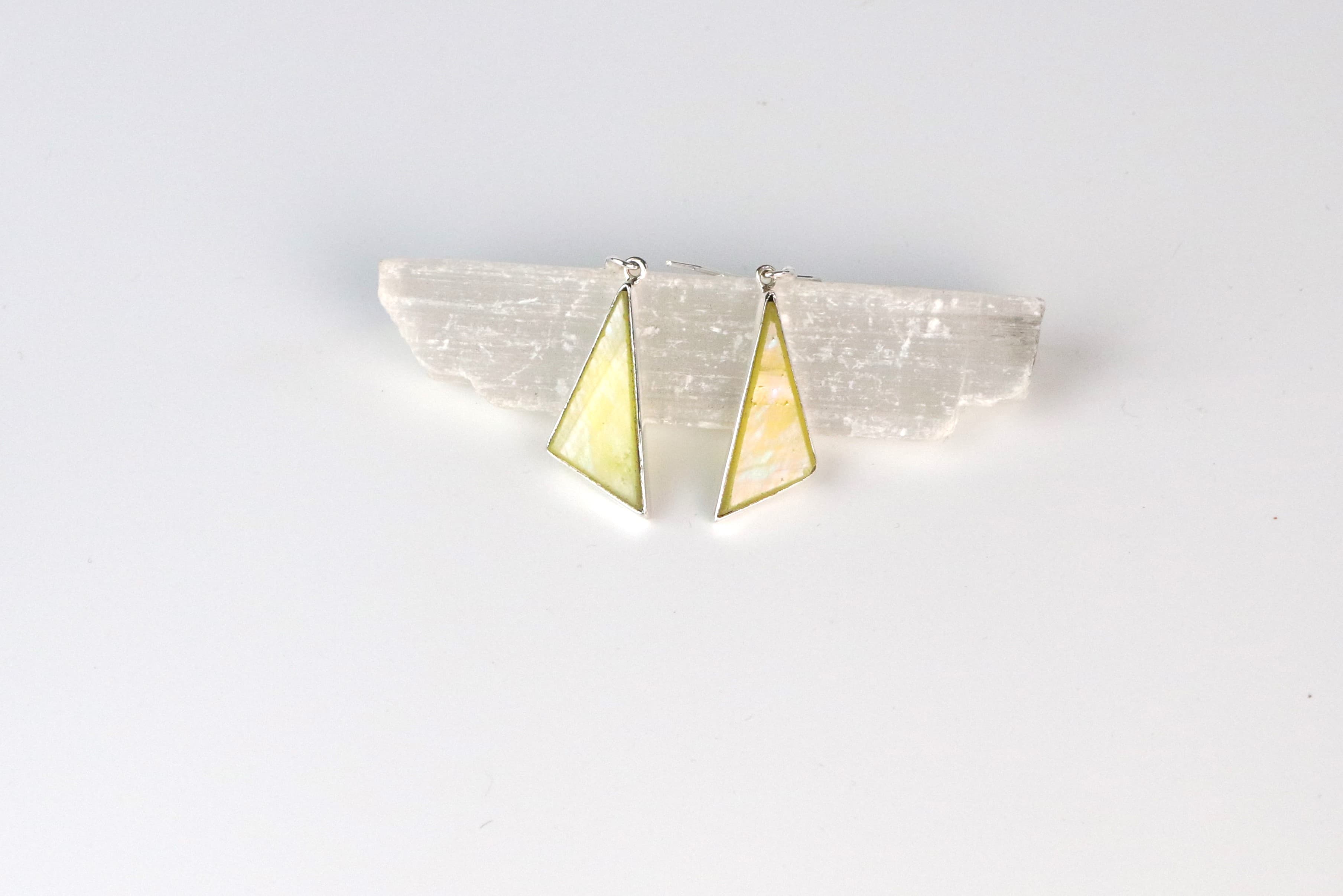 Stained Glass Sterling Silver Earring — Triangle Yellow
