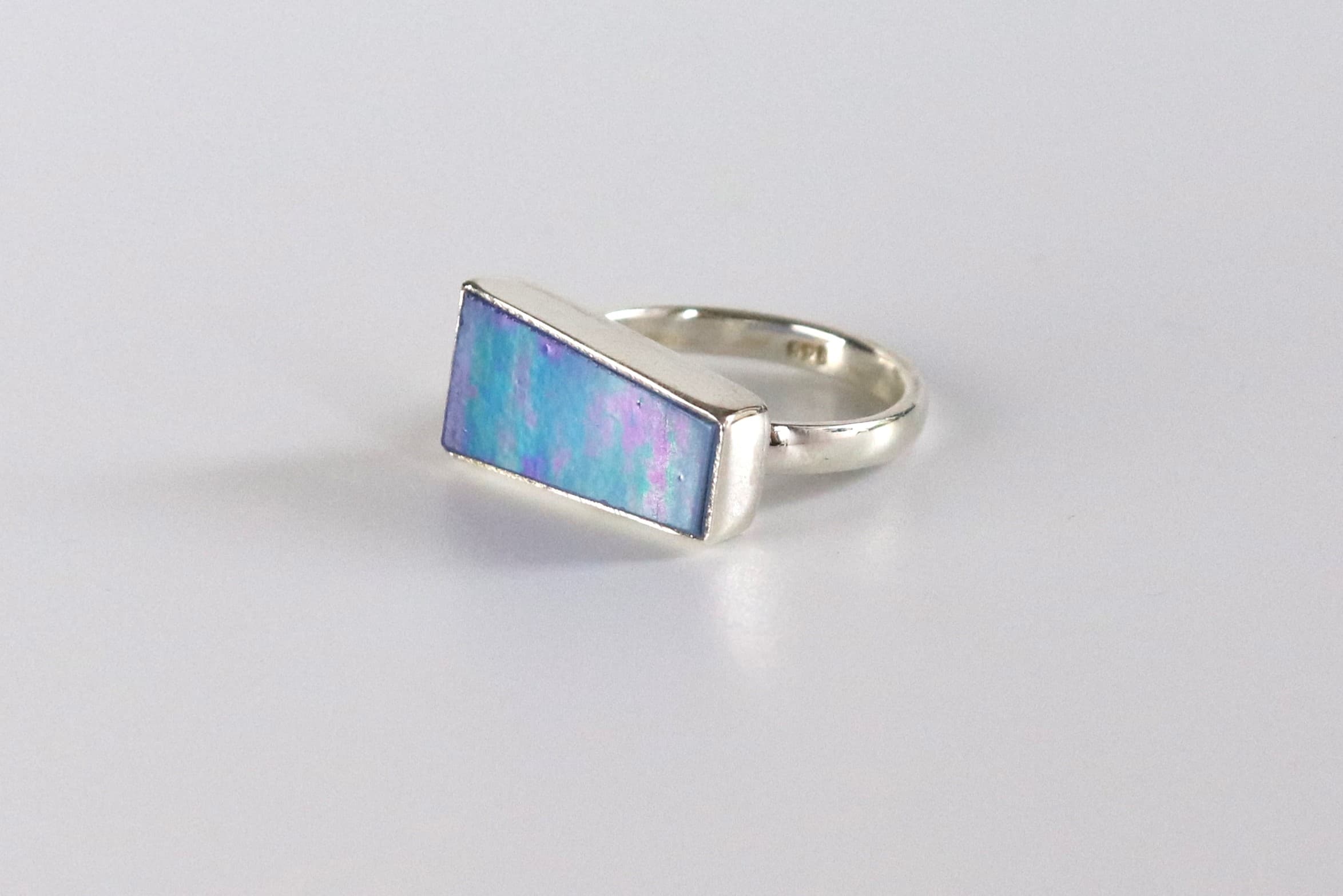 Geometric Sterling Silver Ring with Iridescent Stained Glass